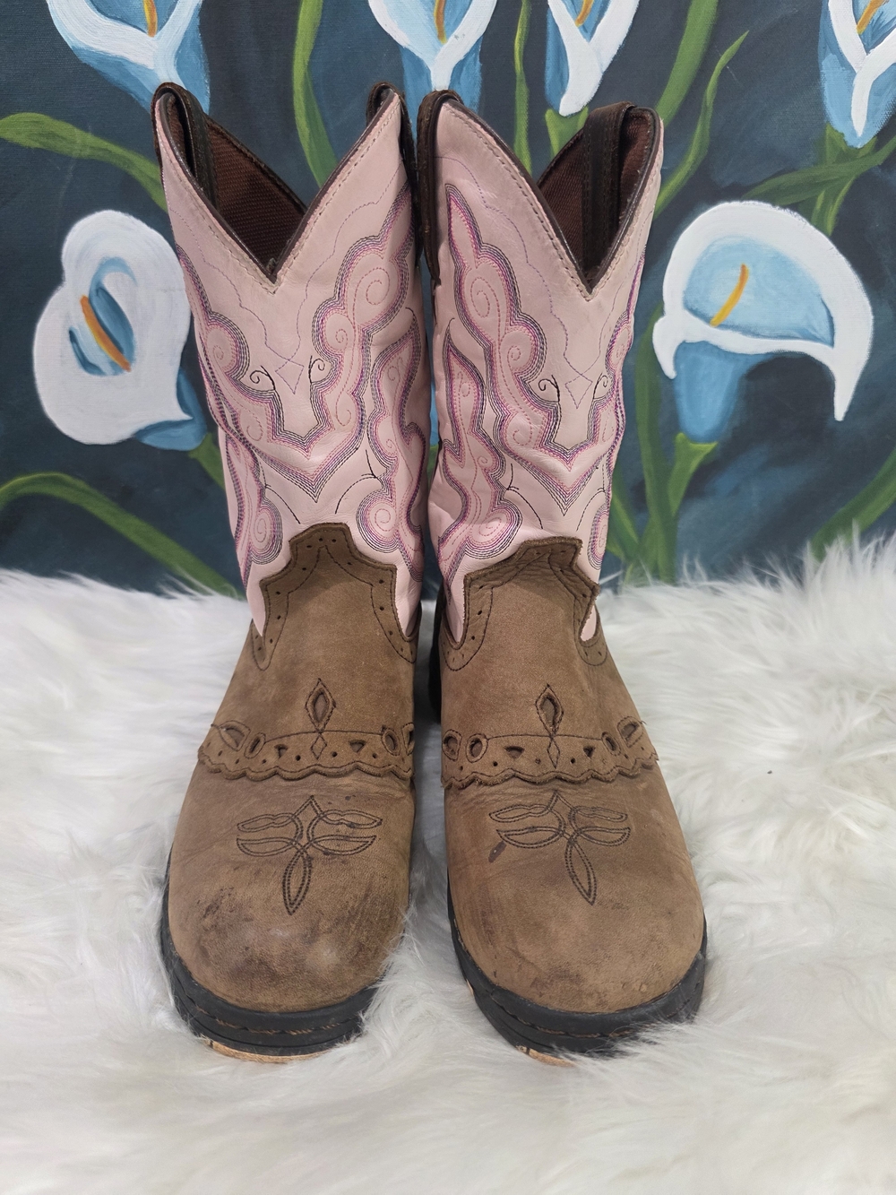 Womens Pink and Brown Western Cowboy Boots - Size 6.5